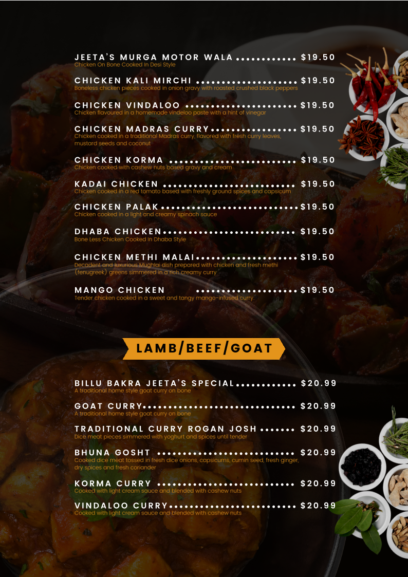Menu, Jeeta Indian Restaurant & Catering