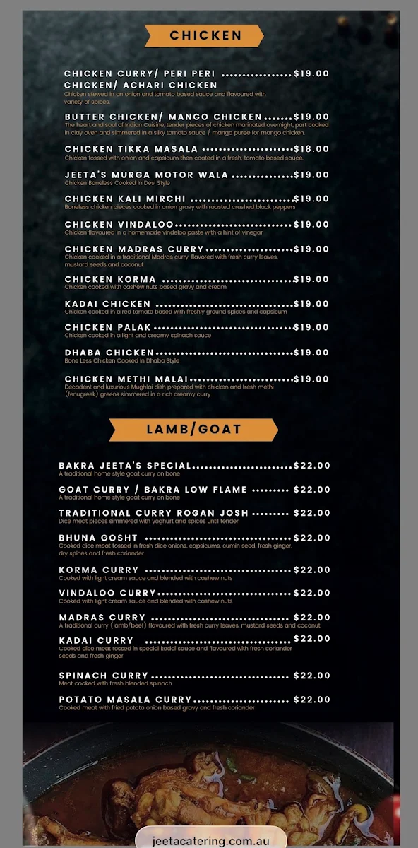 Menu, Jeeta Indian Restaurant & Catering