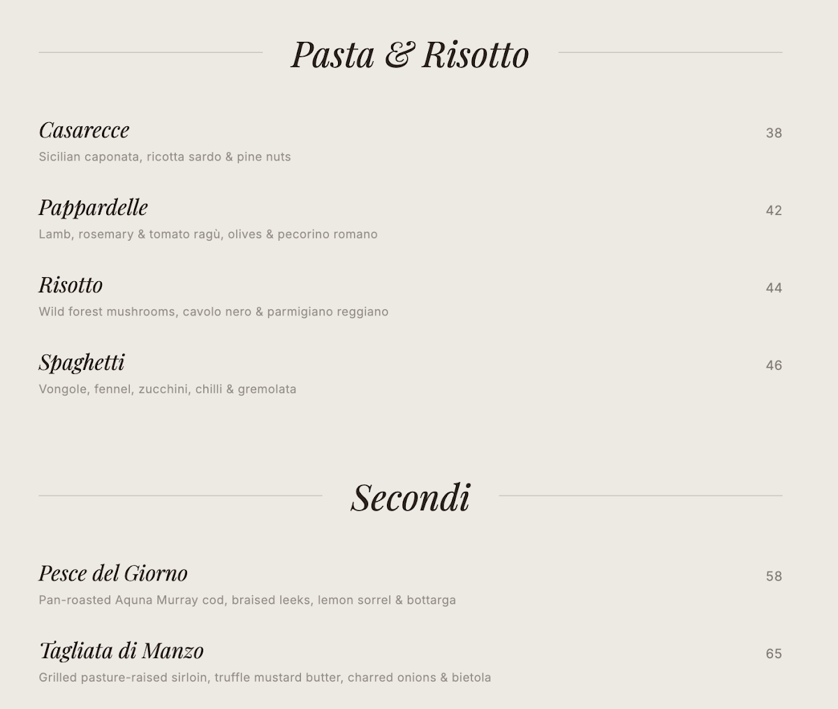 Menu, Fiorini's Osteria Italiana