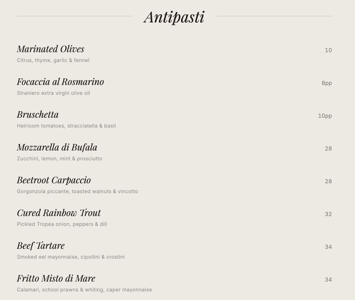 Menu, Fiorini's Osteria Italiana