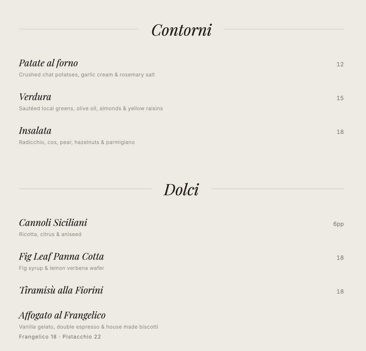 Menu, Fiorini's Osteria Italiana