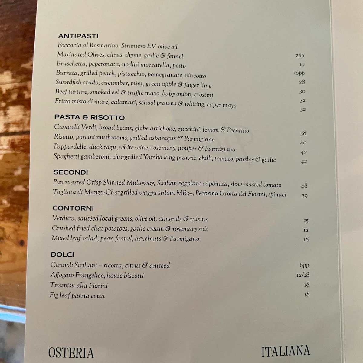 Menu, Fiorini's Osteria Italiana