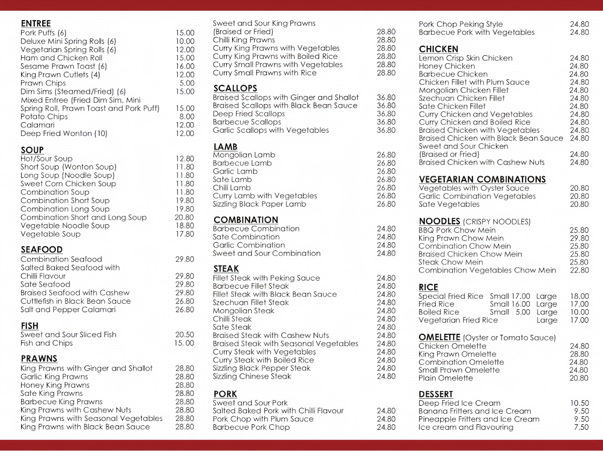 Menu, Ruby Chinese Restaurant