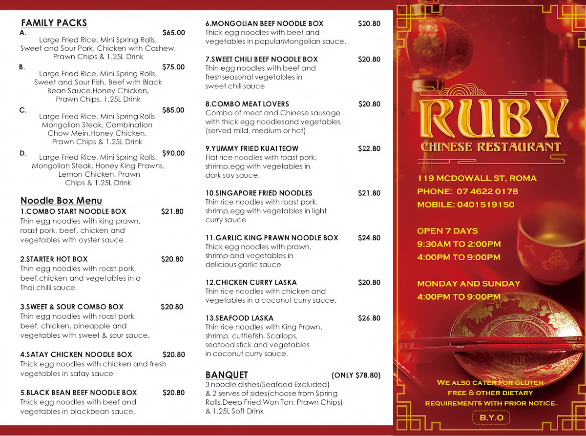 Menu, Ruby Chinese Restaurant