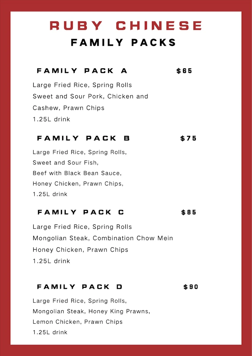 Menu, Ruby Chinese Restaurant