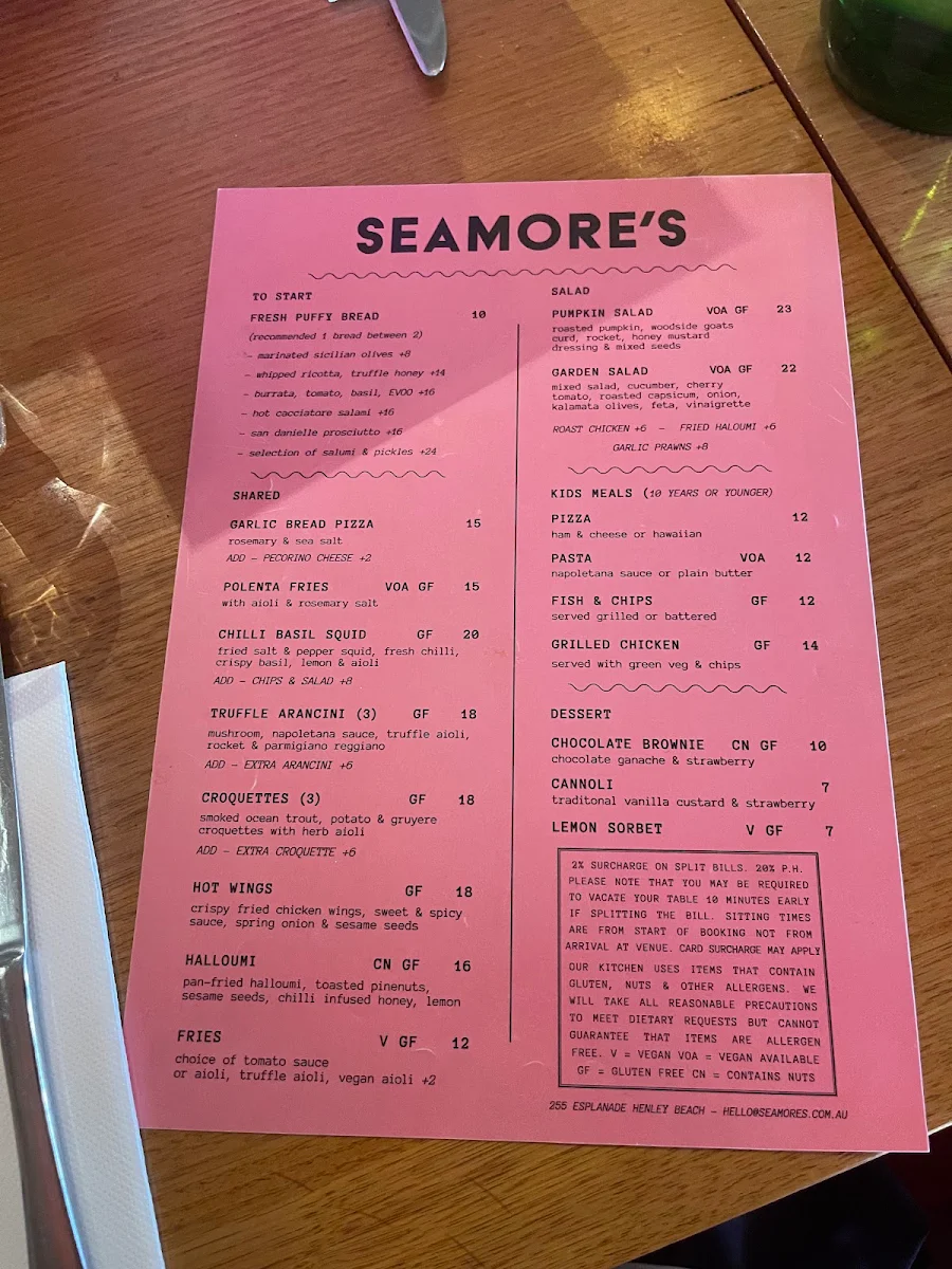 Menu, Seamore's