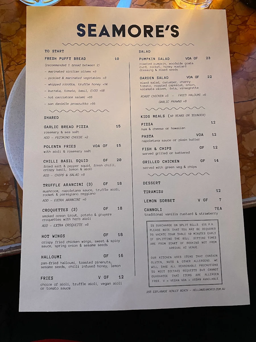 Menu, Seamore's