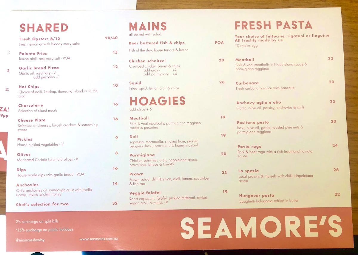 Menu, Seamore's