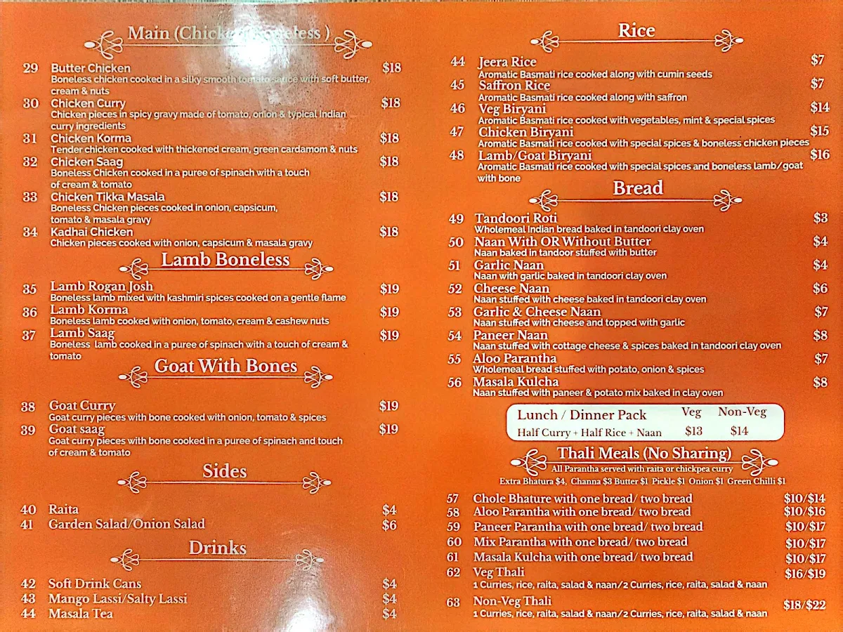 Menu, Royal Sweets Indian Resturant