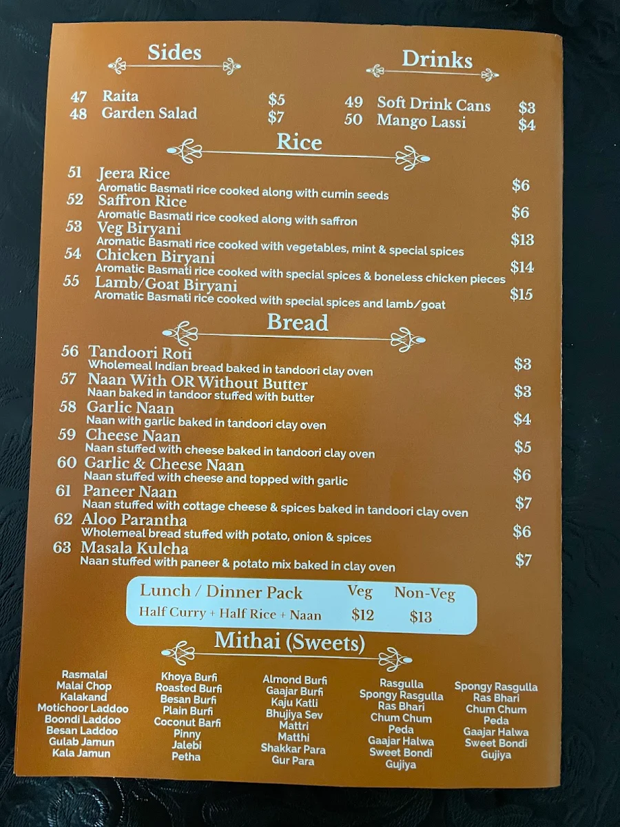 Menu, Royal Sweets Indian Resturant