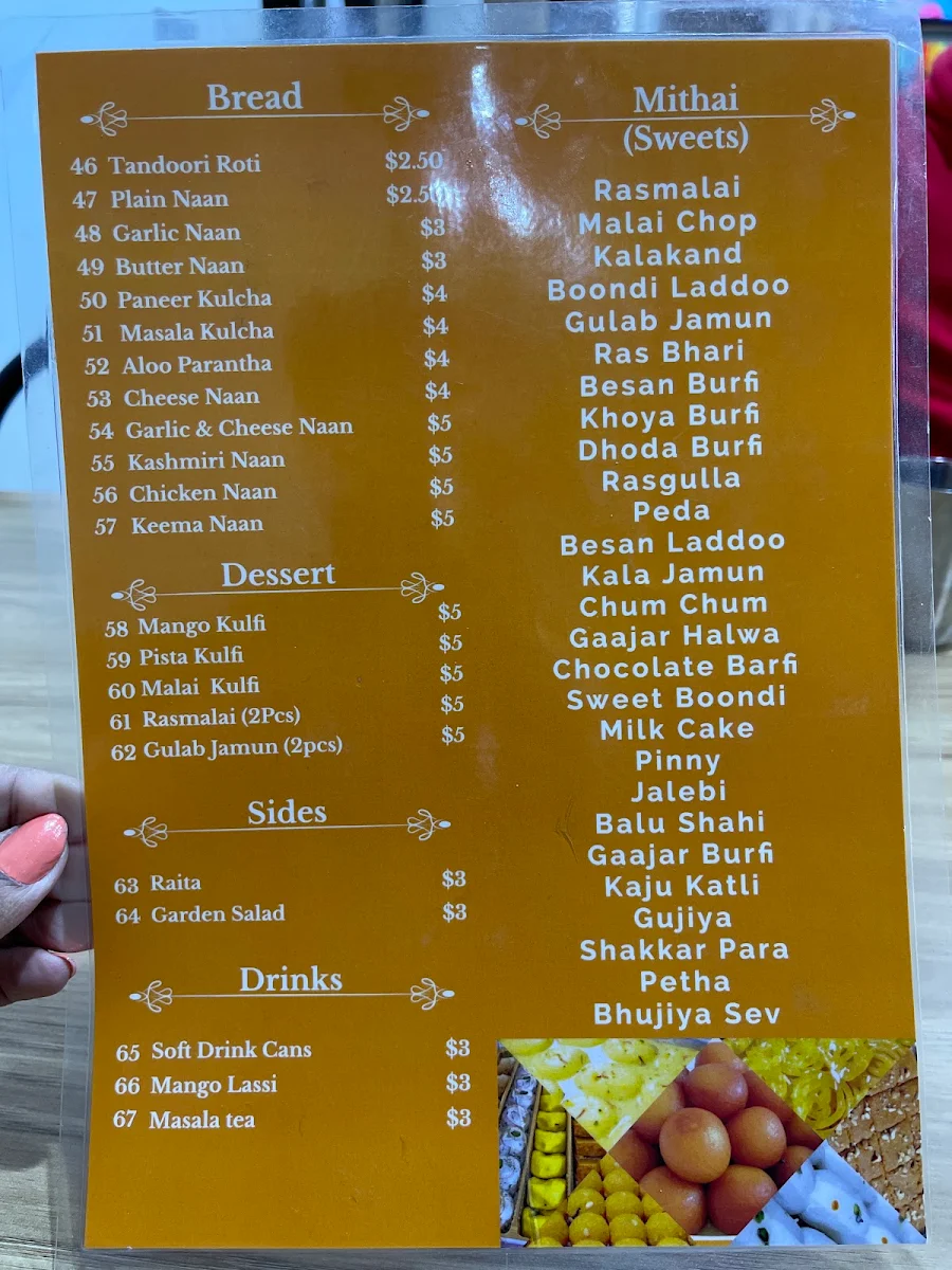 Menu, Royal Sweets Indian Resturant