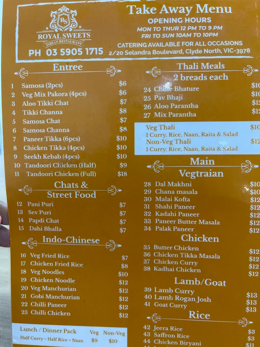 Menu, Royal Sweets Indian Resturant