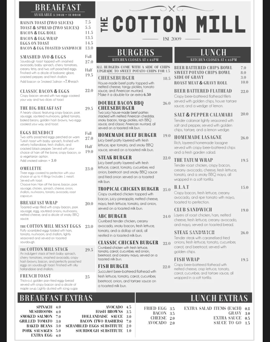 Menu, The Cotton Mill Gladstone