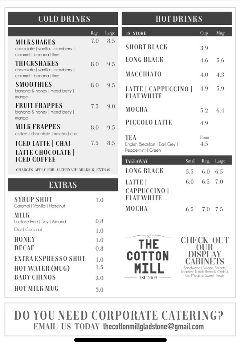 Menu, The Cotton Mill Gladstone