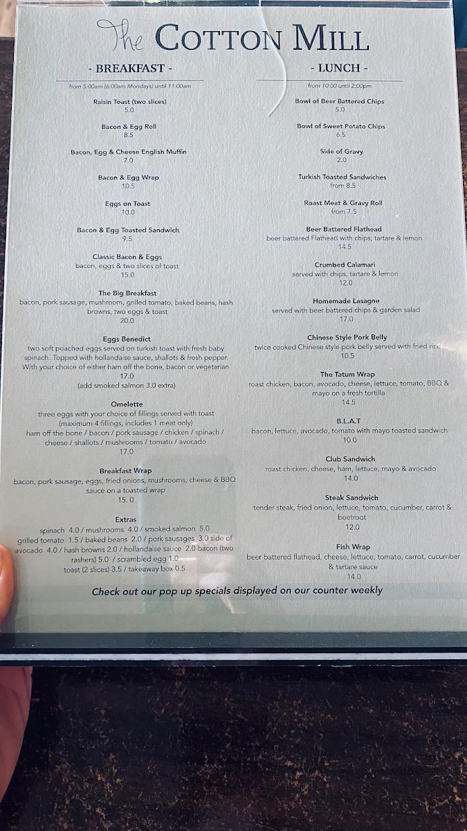 Menu, The Cotton Mill Gladstone