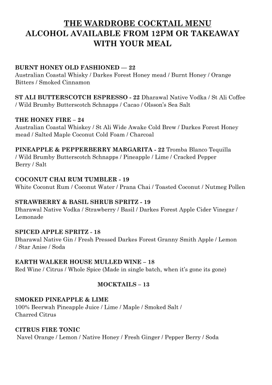Menu, Earth Walker & Co General Store & Cafe