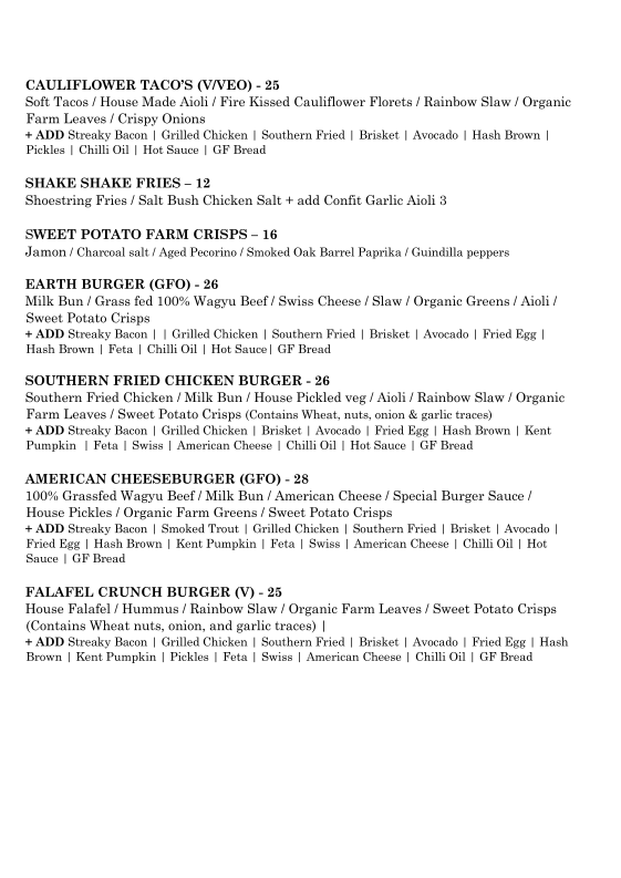 Menu, Earth Walker & Co General Store & Cafe