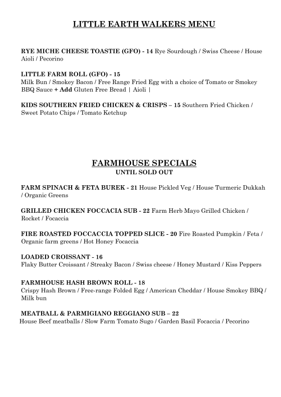 Menu, Earth Walker & Co General Store & Cafe