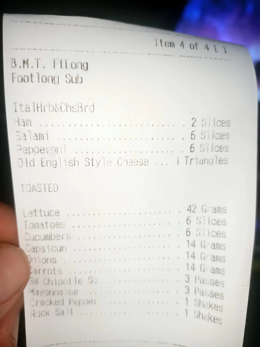 Menu, Subway