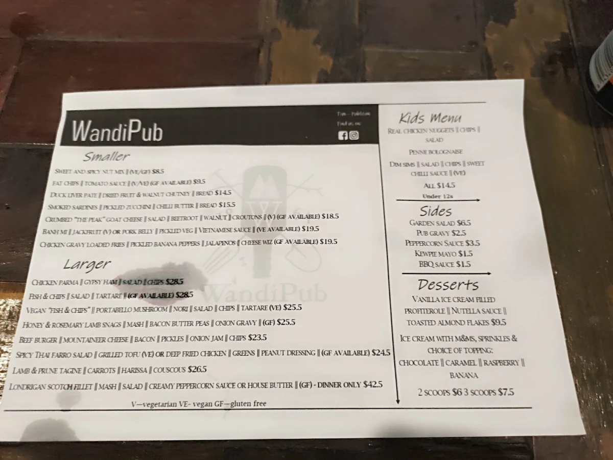 Menu, Wandi Pub