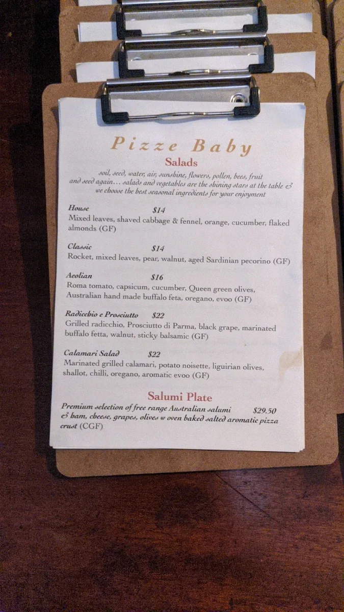 Menu, PIZZE BABY
