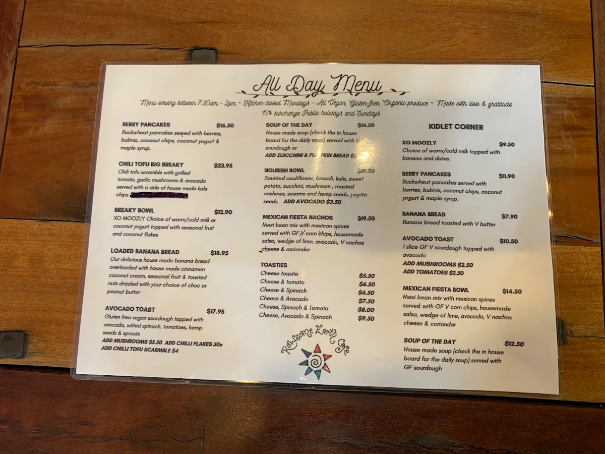 Menu, Rawsome Earth Cafe