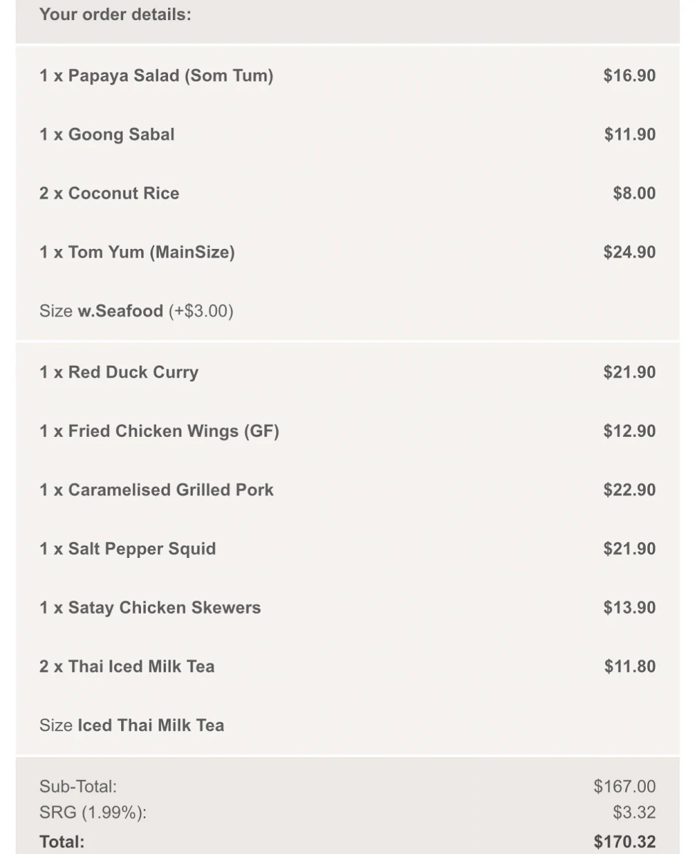 Menu, Paradai Thai Carnegie