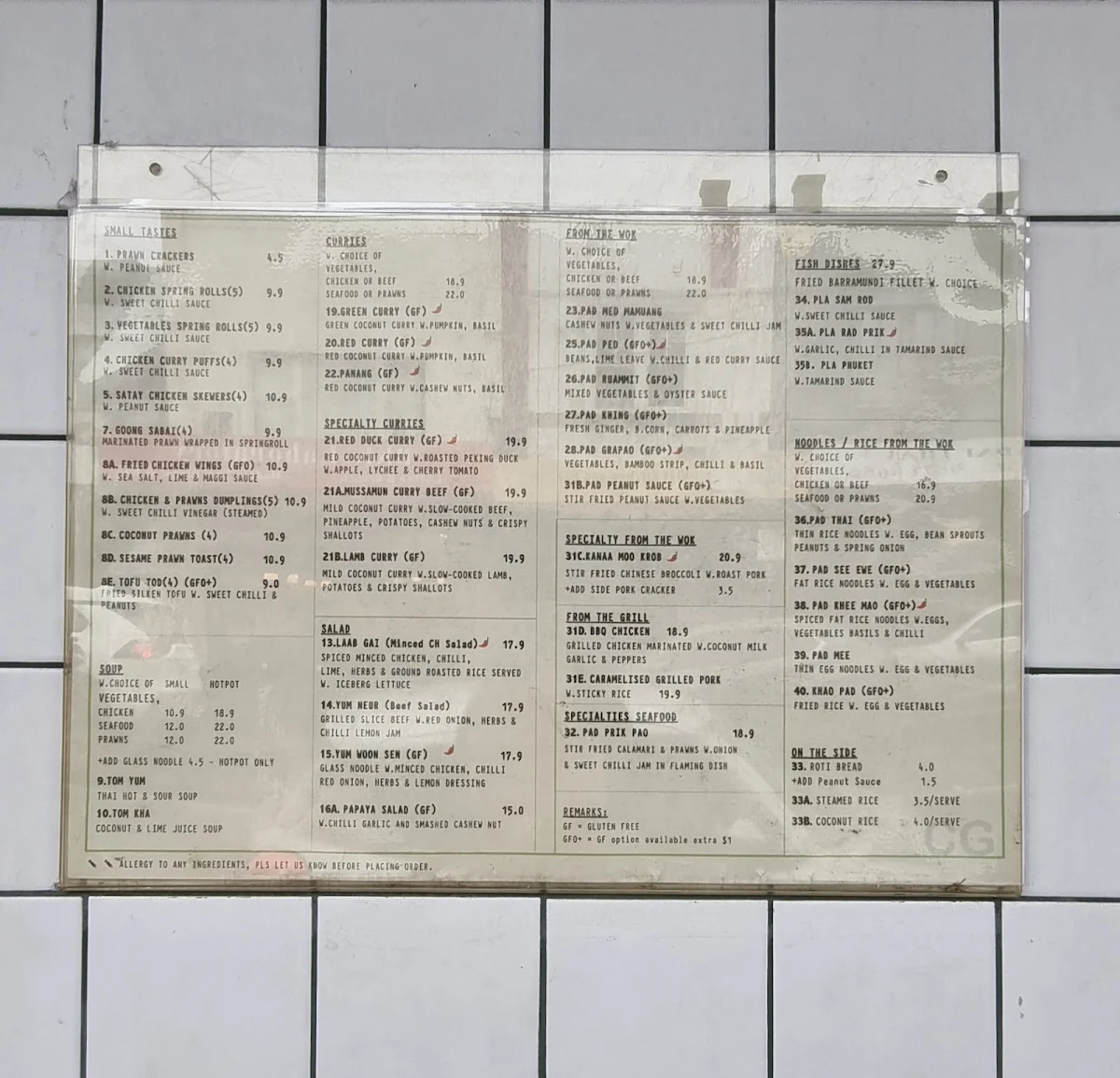 Menu, Paradai Thai Carnegie