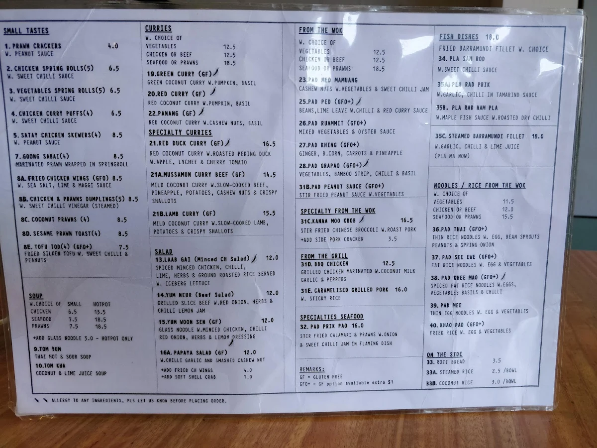 Menu, Paradai Thai Carnegie