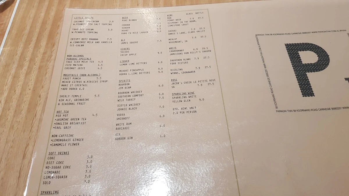 Menu, Paradai Thai Carnegie