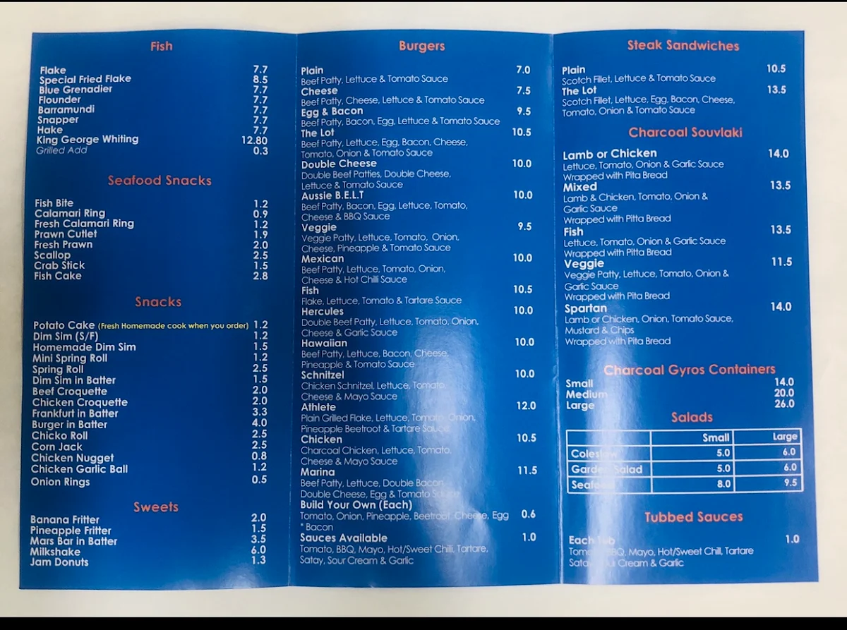 Menu, Marina Fish & Chips