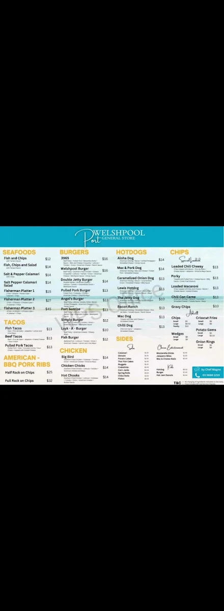 Menu, Port Welshpool General Store