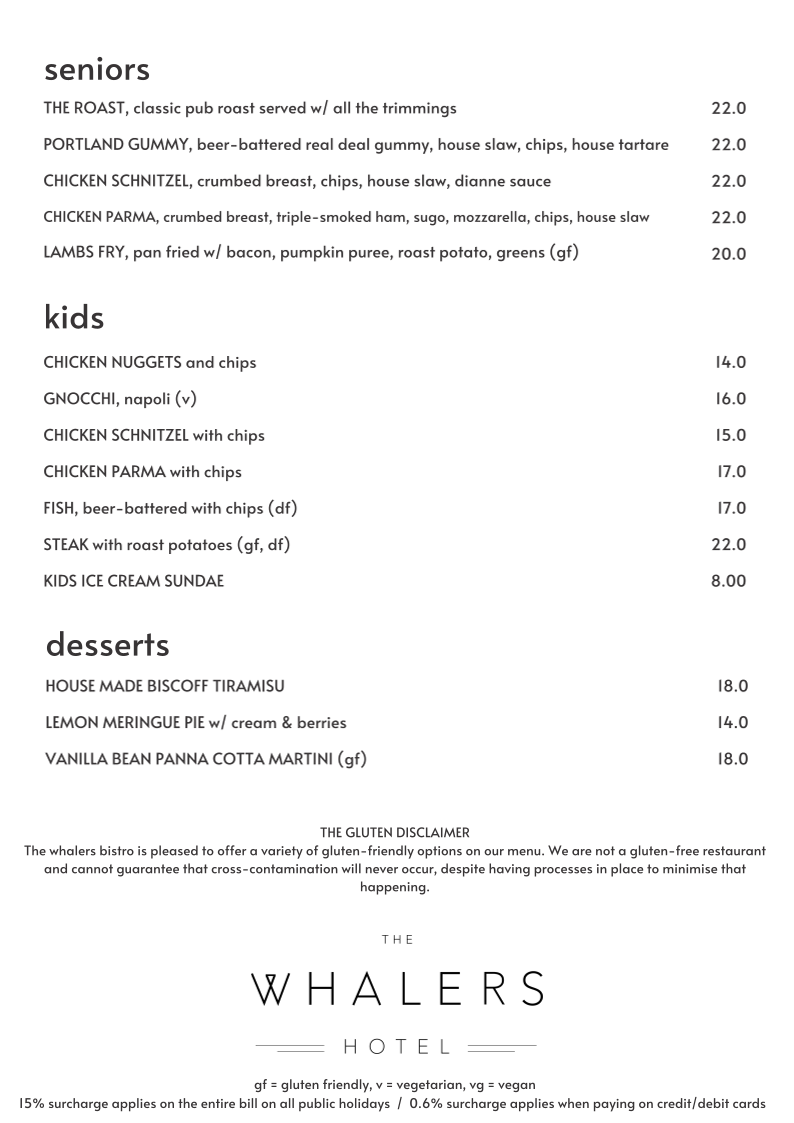 Menu, The Whalers Hotel