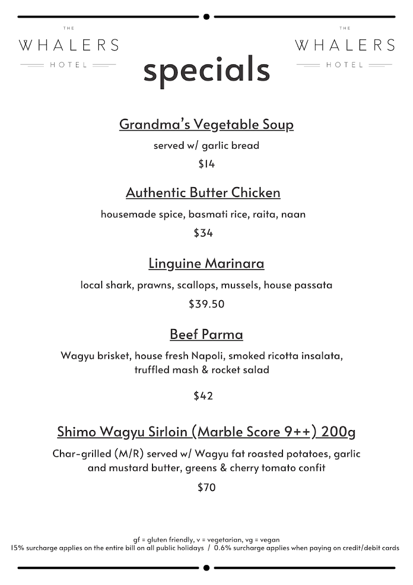 Menu, The Whalers Hotel
