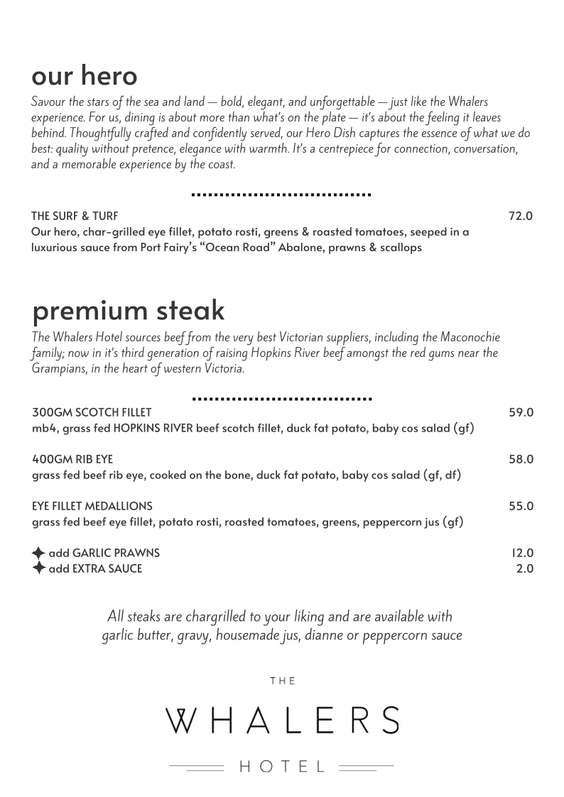Menu, The Whalers Hotel