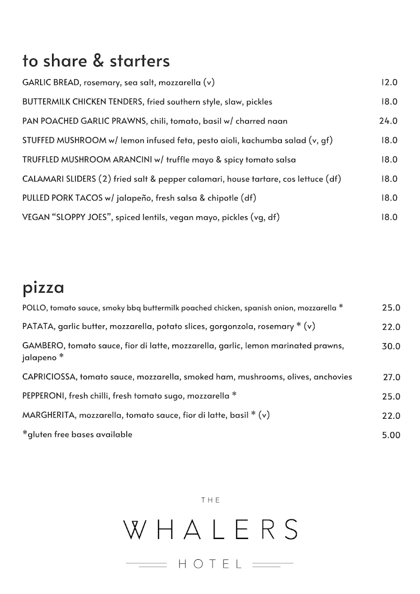 Menu, The Whalers Hotel