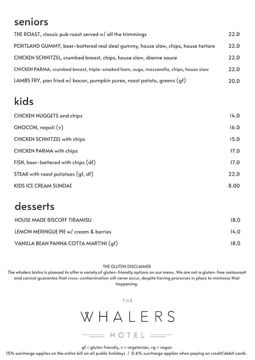Menu, The Whalers Hotel