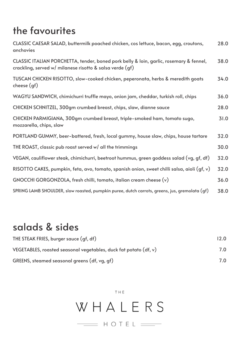 Menu, The Whalers Hotel