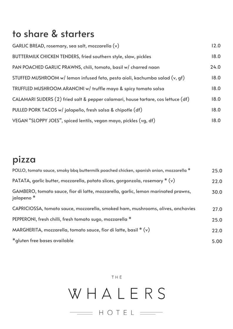 Menu, The Whalers Hotel