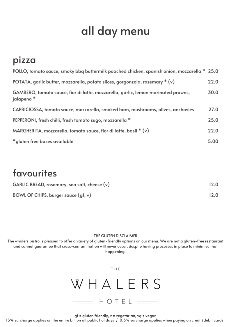Menu, The Whalers Hotel