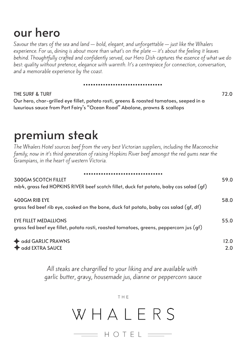 Menu, The Whalers Hotel