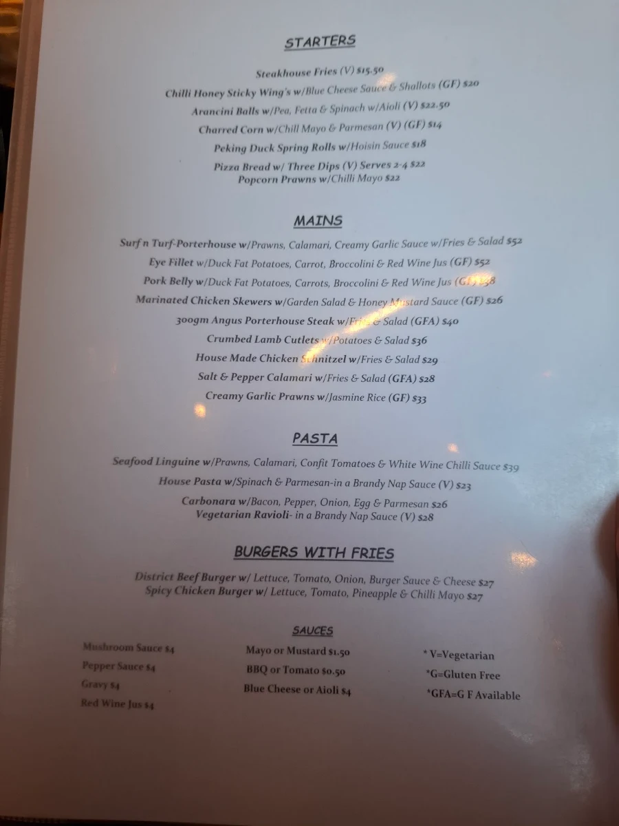 Menu, The District Bar & Restaurant