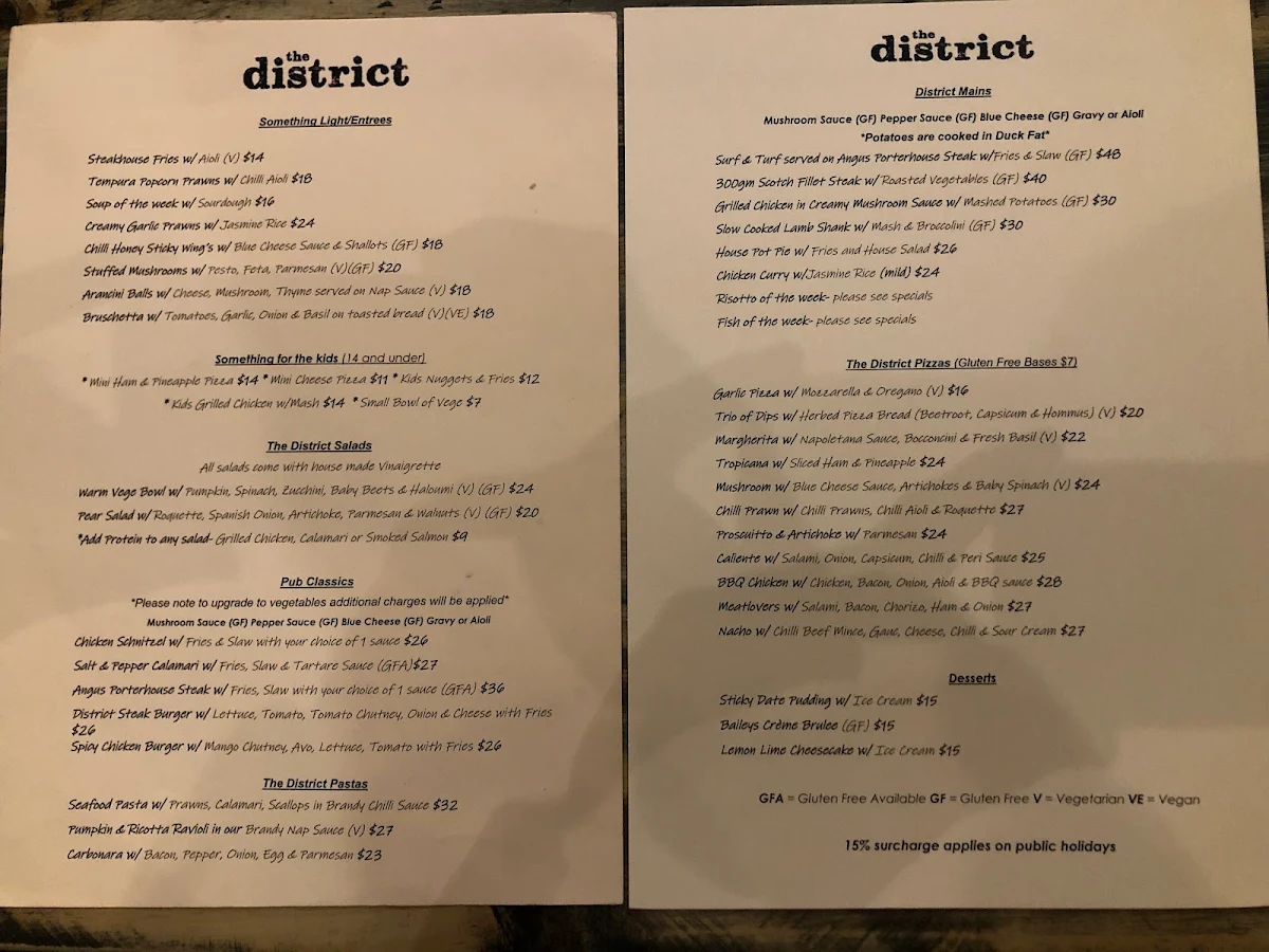 Menu, The District Bar & Restaurant