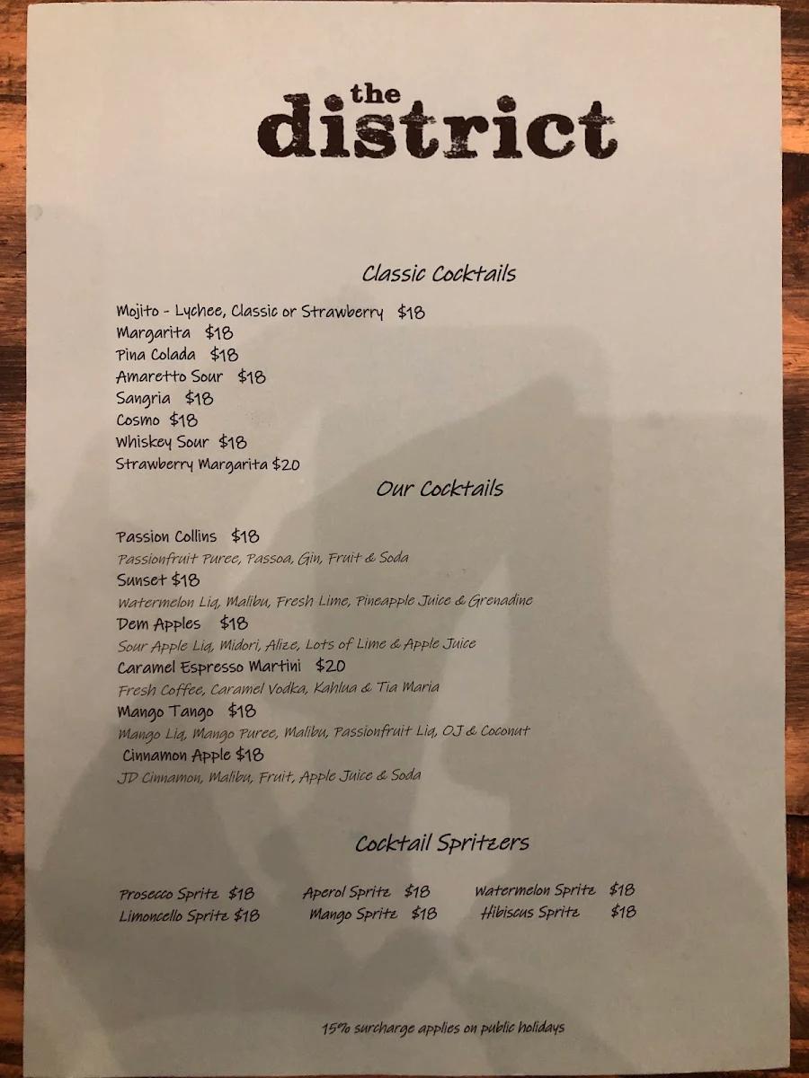 Menu, The District Bar & Restaurant