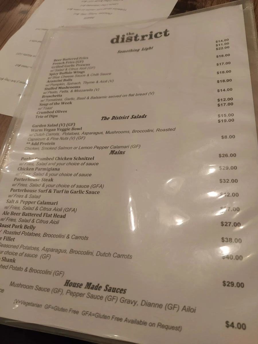 Menu, The District Bar & Restaurant