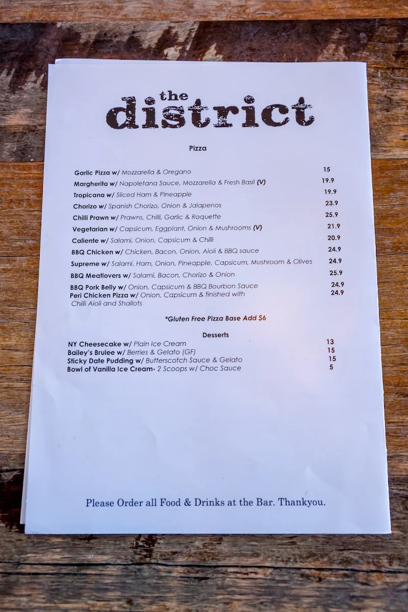 Menu, The District Bar & Restaurant