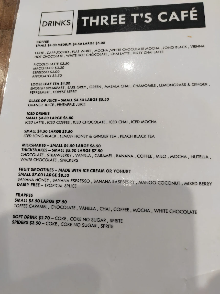 Menu, Three T's Café