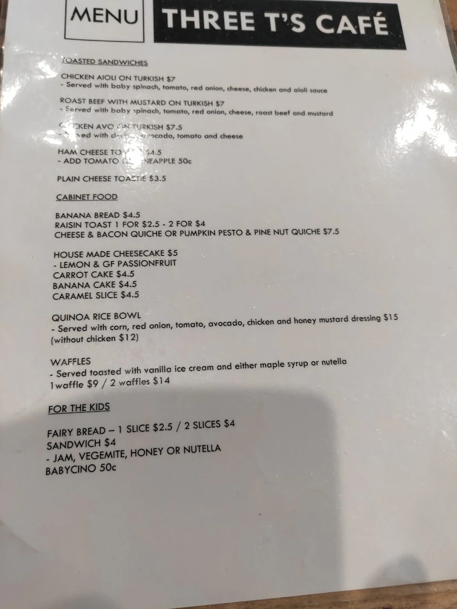 Menu, Three T's Café
