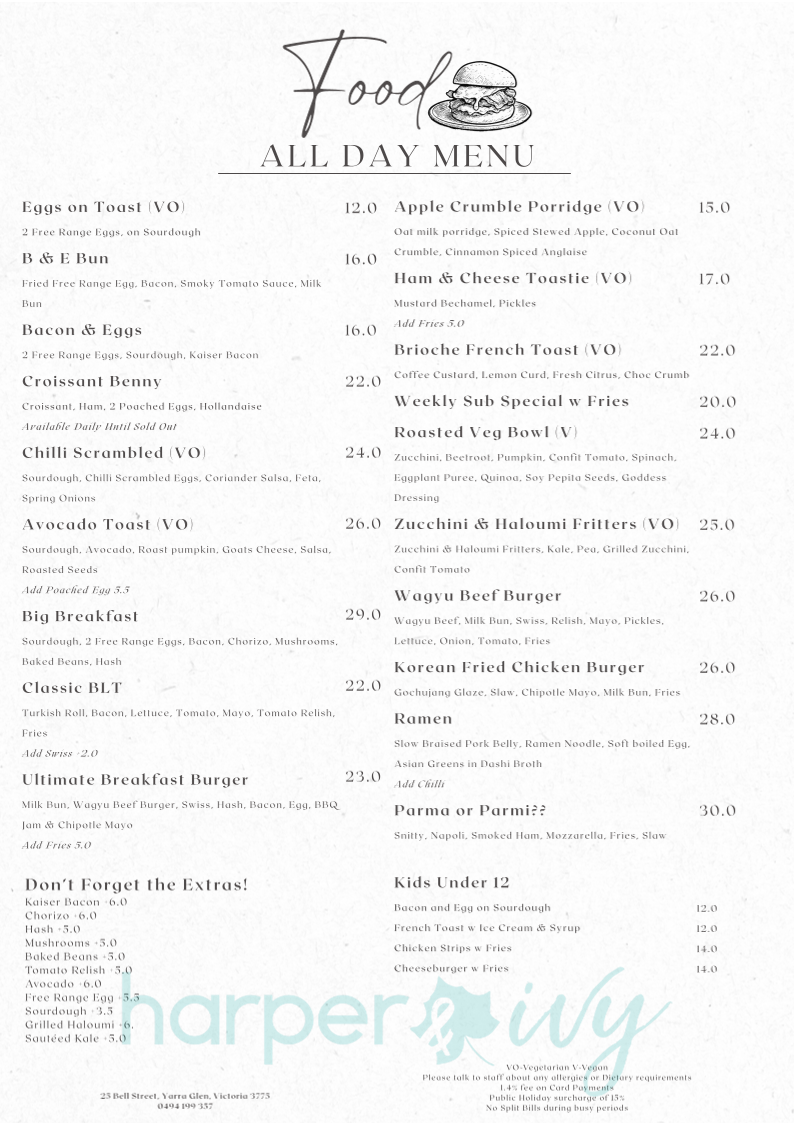 Menu, Harper and Ivy Cafe