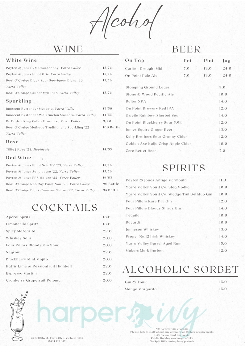 Menu, Harper and Ivy Cafe